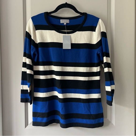NWT Laura size medium blue, white and black striped women’s sweater - Picture 2 of 11